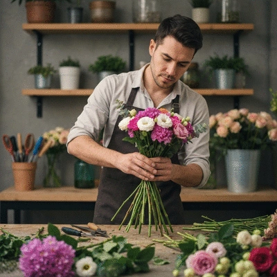 Artisan fleuriste composant un bouquet dans son atelier à Marseille