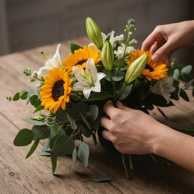 Hands arranging a custom floral bouquet with various fresh flowers on a wooden table, soft natural light