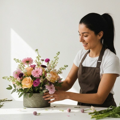 Fleuriste créant un arrangement floral personnalisé avec des fleurs locales à Marseille
