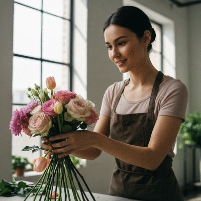 Artisan fleuriste composant un bouquet avec des fleurs fraîches