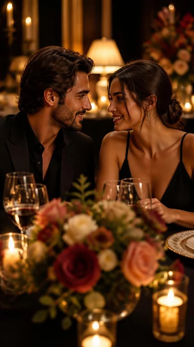 A couple enjoying a romantic dinner with a beautiful floral centerpiece