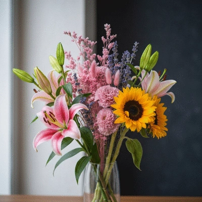Gros plan d'un bouquet frais avec des fleurs séchées incorporées sur une table en bois