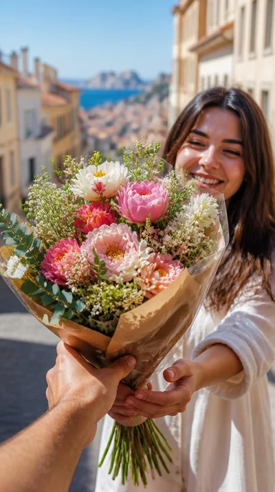 Hand delivering a bouquet of fresh flowers in Marseille