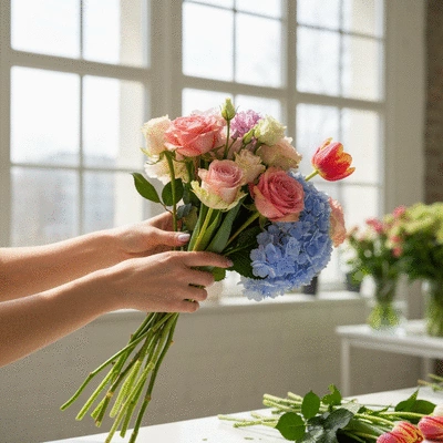 Mains d'un fleuriste arrangeant un bouquet de fleurs de saison dans un atelier lumineux, no text, no words, no typography, no labels, clean image, 8K