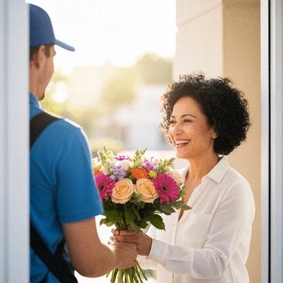 Une femme souriante recevant un bouquet de fleurs fraîches par un livreur devant sa porte, ambiance lumineuse et joyeuse, no text, no words, no typography, 8K