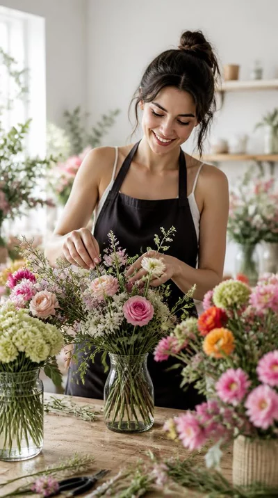 Female florist arranging flowers in a modern studio, smiling, with various colorful bouquets around her