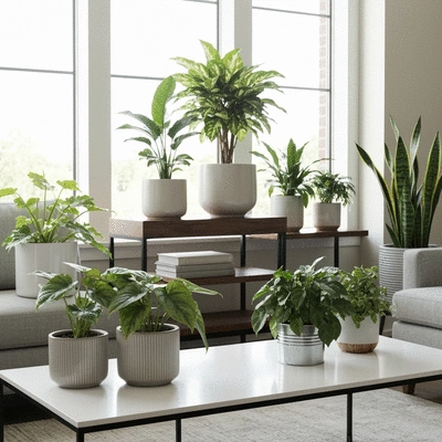 Assortment of vibrant indoor plants in stylish pots, arranged aesthetically in a modern home setting, bright natural light, no text, no words, no typography, clean image, 8K