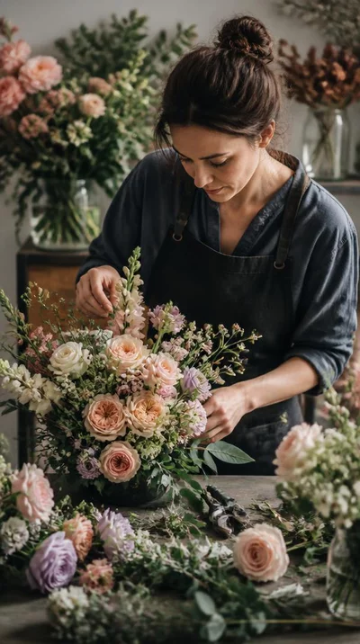 Artisan fleuriste arrangeant un bouquet sur mesure