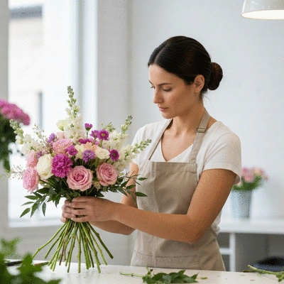 Artisan fleuriste composant un bouquet de fleurs fraîches avec soin dans un atelier lumineux à Marseille