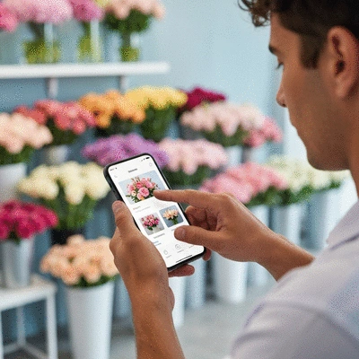 Personne utilisant une application mobile pour commander des fleurs