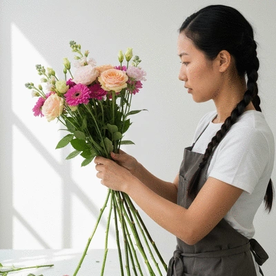 Artisan fleuriste composant un bouquet de fleurs fraîches et colorées