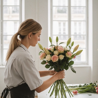 Artisan fleuriste arrangeant un bouquet de fleurs fraîches de saison dans un atelier lumineux à Marseille