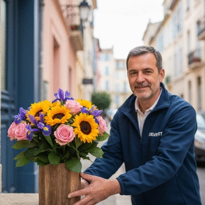 Beautiful bouquet of fresh flowers being delivered to a doorstep in Marseille