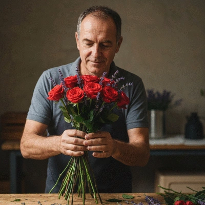 Artisan fleuriste arrangeant un bouquet de fleurs fraîches avec des roses et lavandes