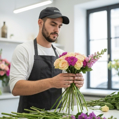Artisan fleuriste composant un bouquet personnalisé à Marseille