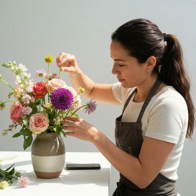 Artisan fleuriste créant un arrangement floral unique à Marseille