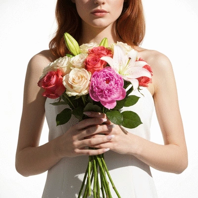 Woman holding a beautiful bouquet of fresh seasonal flowers, vibrant colors, natural light