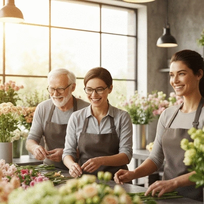 Une équipe de fleuristes souriants travaillant ensemble dans un atelier floral moderne, avec des fleurs fraîches en arrière-plan