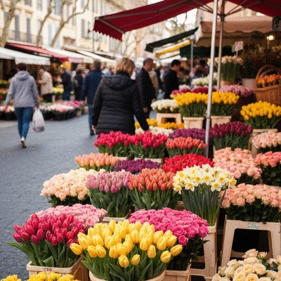 Vibrant flower market in Marseille with various fresh bouquets