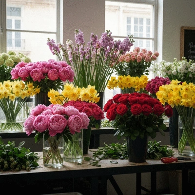 Assortment of fresh seasonal flowers in a florist's workshop in Marseille