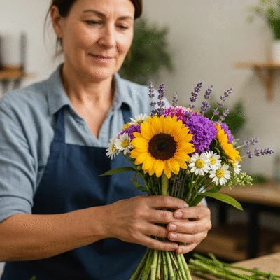 Close-up of a florist arranging a bouquet with local, seasonal flowers