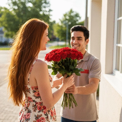Woman happily receiving a beautiful bouquet of red roses from a delivery person