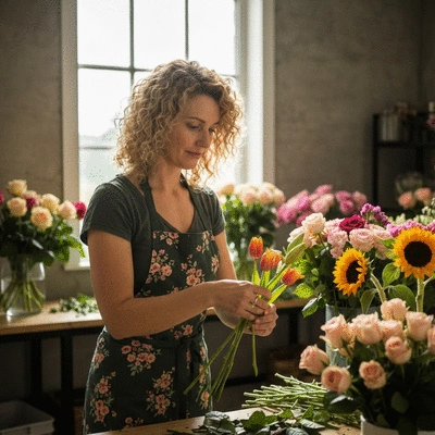 Woman arranging fresh, vibrant flowers in a florist's workshop