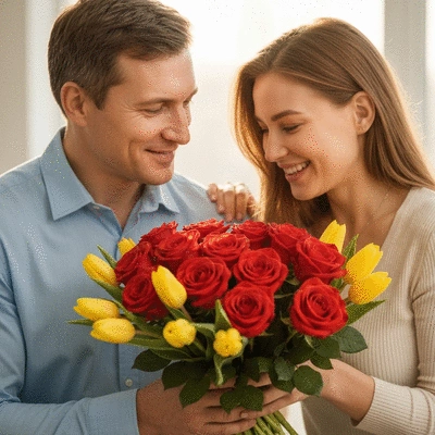 Un couple heureux recevant un bouquet de fleurs colorées