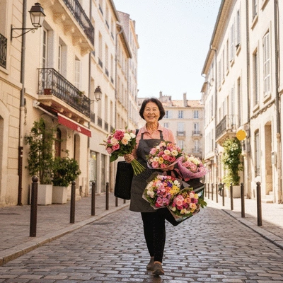 Livreur de fleurs avec un bouquet dans les rues de Marseille, architecture méditerranéenne, ambiance ensoleillée