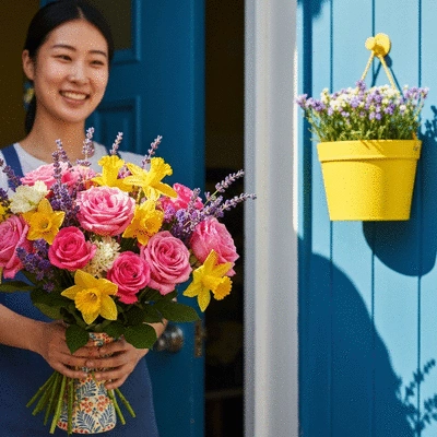 Colorful bouquet of fresh seasonal flowers being delivered to a person's door, bright and joyful atmosphere, no text, no words, no typography, 8K