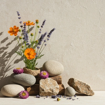 Compositions florales bohèmes et vintage avec des fleurs séchées et comestibles, sur un fond texturé, lumière douce, no text, no words, no typography, 8K