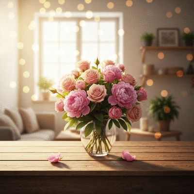 Beautiful bouquet of roses and peonies on a wooden table with a blurred background of a cozy home, perfect for Mother's Day