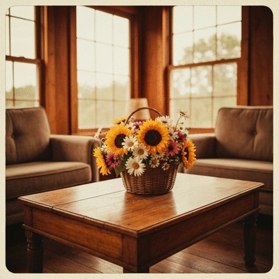 Bouquet de fleurs coloré avec ruban et carte, posé sur une table élégante, lumière naturelle, composition florale