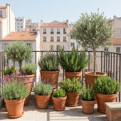 Plantes méditerranéennes en pot sur un balcon ensoleillé à Marseille