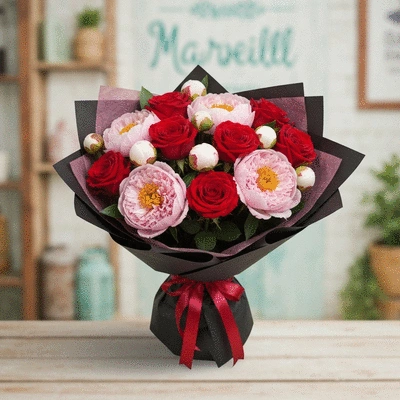 Magnifique bouquet de fleurs fraîches avec des roses et pivoines colorées, livré dans un emballage élégant, sur un fond marseillais flou, no text, no words, no typography, clean image