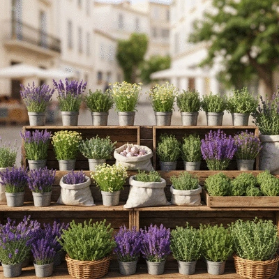 Diverses plantes médicinales et aromatiques disposées sur une table de marché à Marseille