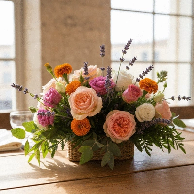 Beautiful floral arrangement on a wedding table in Marseille, natural light, no text, no words, no typography, clean image