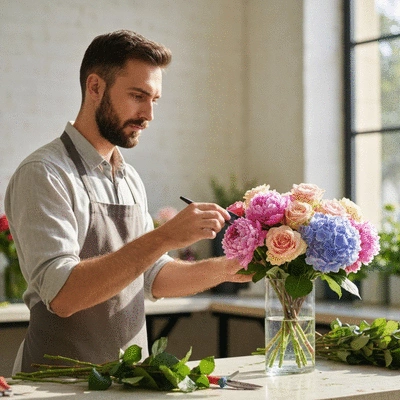 Artisan fleuriste composant un bouquet avec des fleurs fraîches dans son atelier à Marseille