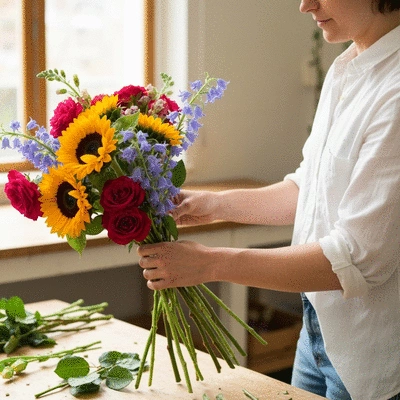 Artisan preparing a vibrant floral bouquet in a workshop, hands holding various flowers, natural lighting, no text, no words, no typography, clean image