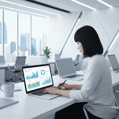 Person analyzing data on a laptop with charts and graphs related to website traffic and SEO