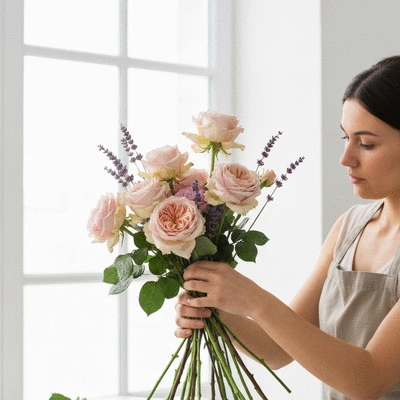 Artisan fleuriste arrangeant un bouquet de roses anciennes et lavande de Provence