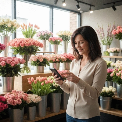 Client utilisant une carte de fidélité digitale sur son smartphone dans une boutique de fleurs