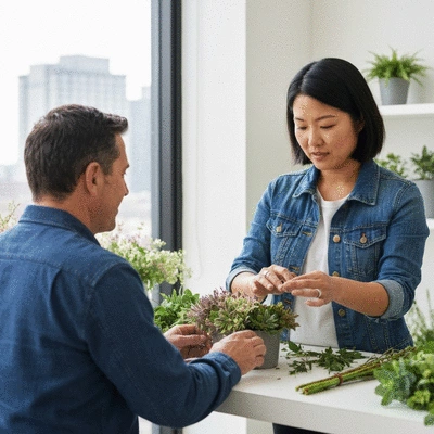 Fleuriste personnalisant un bouquet avec des plantes