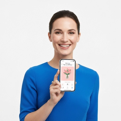 Une femme souriante tient un smartphone avec une application de suivi de livraison de fleurs en temps réel, no text, no words, no typography, clean image