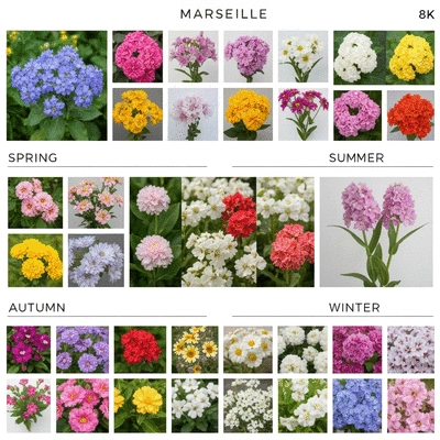 A visual guide illustrating seasonal flowers in Marseille, showing different types of flowers for each season.