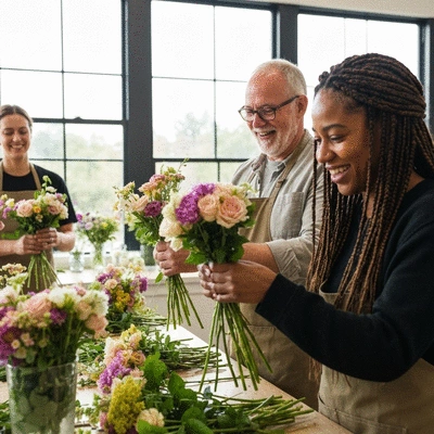 Un groupe de personnes participant à un atelier floral, créant des bouquets avec des fleurs fraîches et locales