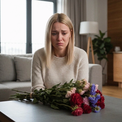 Personne déçue par un bouquet de fleurs fanées