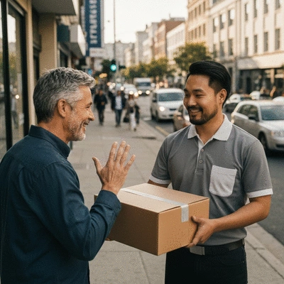 Customer receiving a plant and accessories delivery package