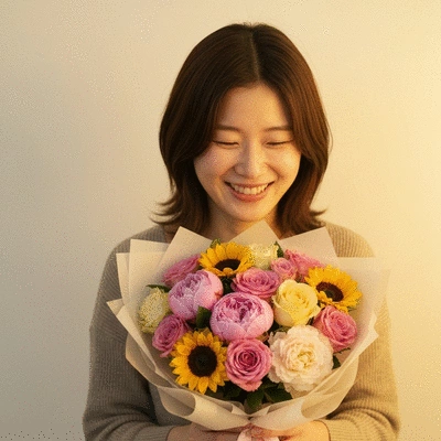 Une personne souriante recevant un magnifique bouquet de fleurs personnalisées, ambiance lumineuse