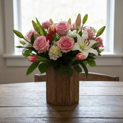 A vibrant bouquet of fresh seasonal flowers, showcasing a variety of colors and textures, on a rustic wooden table with soft natural light, no text, no words, no typography, clean image